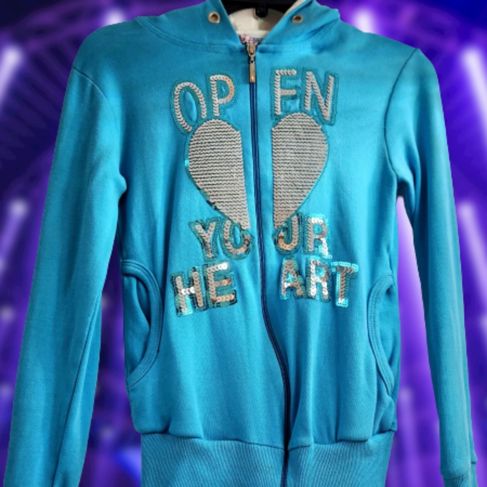 Women's Y2K Hoodie Blue Silver Heart Sequin Teen Girl Fitted Zip Up w/ Pocket